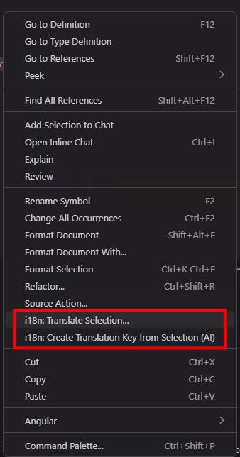 VS Code editor right-click context menu showing the i18n: Translate Selection and Create Translation Key from Selection commands