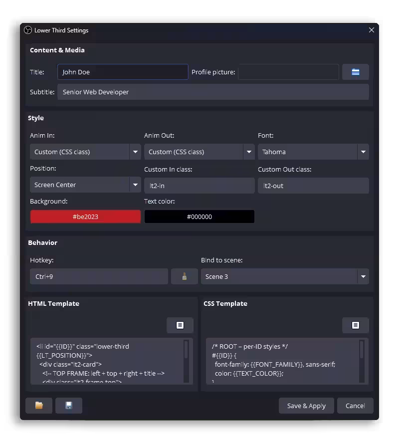 Smart Lower Thirds settings dialog inside OBS