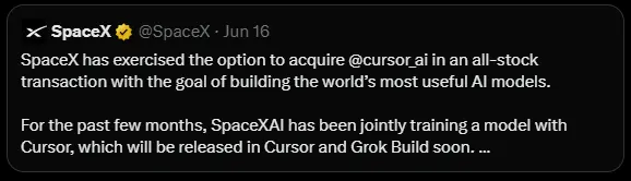 SpaceX tweet announcing the acquisition of Cursor AI in an all-stock transaction for future AI model development