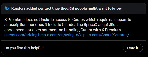 Community note clarifying that X Premium does not include Cursor or Claude access after the SpaceX Cursor acquisition announcement