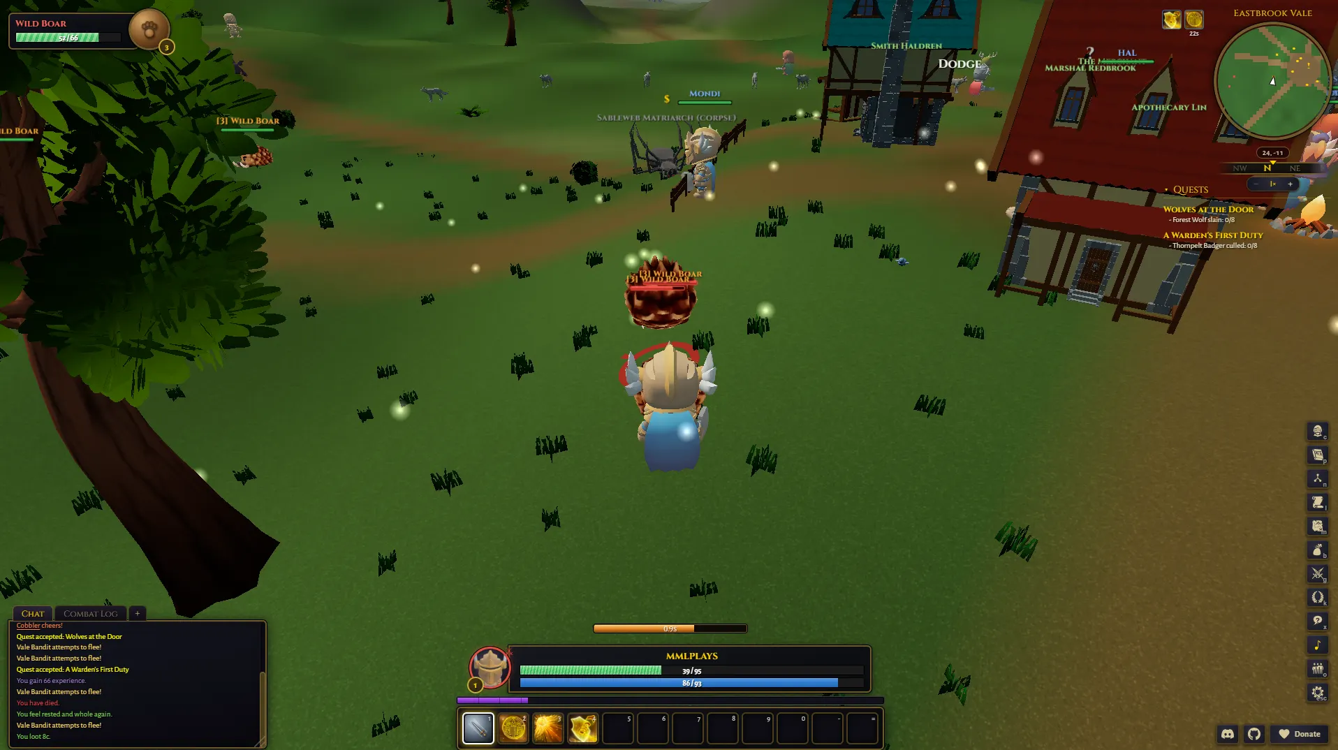 World of Claudecraft world map showing Eastbrook Vale, Mirefen Marsh and Thornpeak Heights zones with questing areas