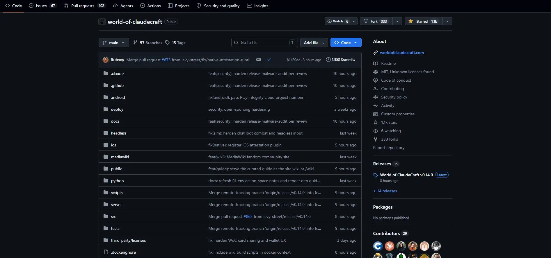 World of Claudecraft GitHub repository showing open-source code, pull requests and community contributions
