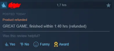 Steam review praising Paddle Paddle Paddle before requesting a refund after completing the game.