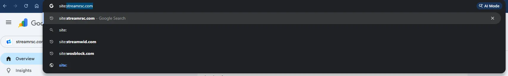 Google search results for site:streamrsc.com showing indexed pages despite Search Console reporting delay
