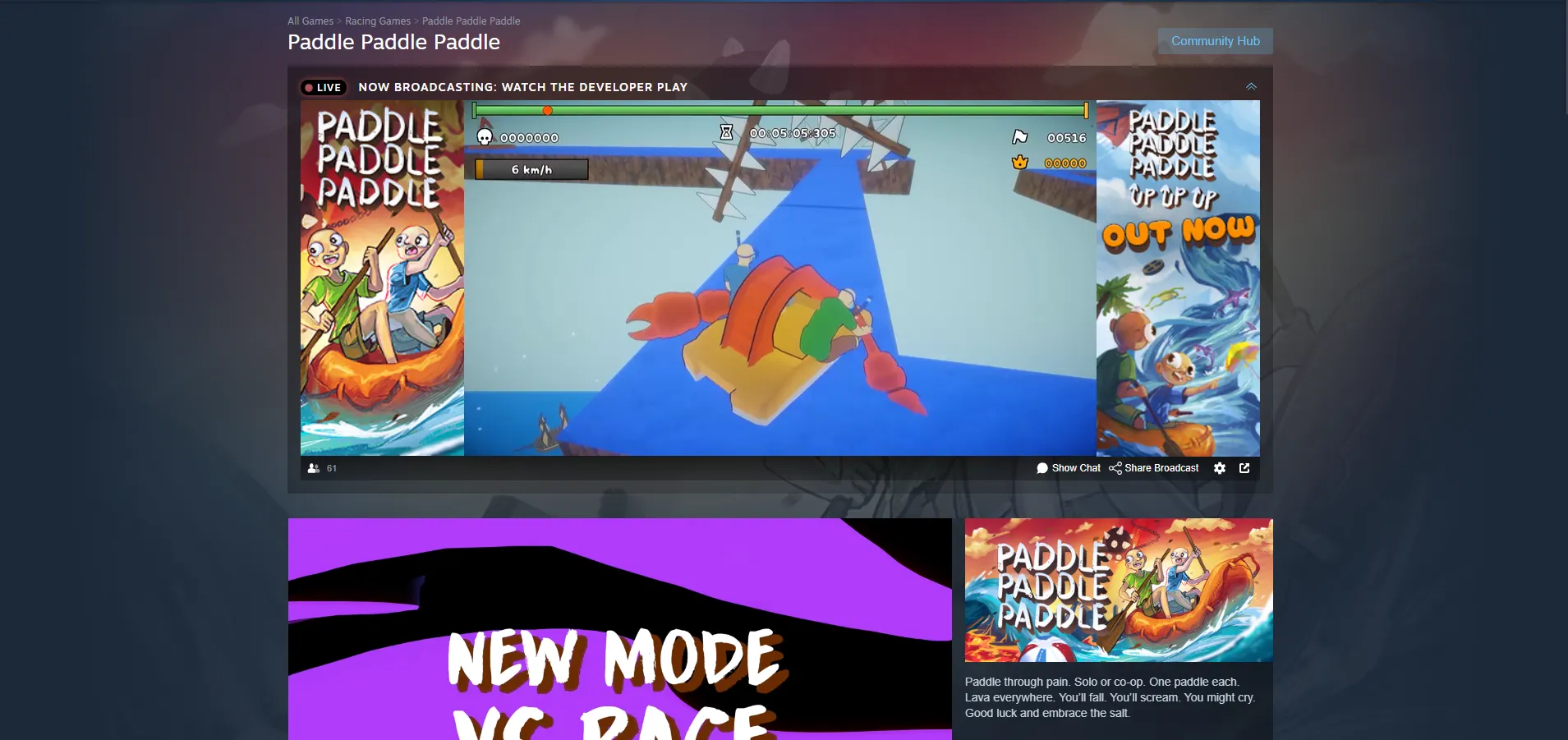 Steam store page for Paddle Paddle Paddle, the indie game that sparked debate over Steam's refund policy for short games.